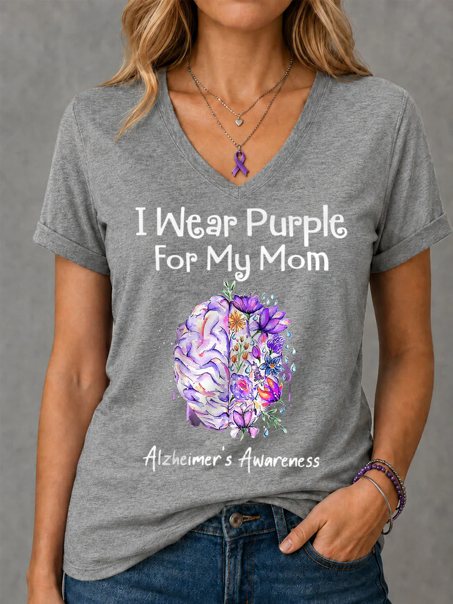 Women's I Wear Purple For My Mom Floral Print Alzheimer's Awareness Support V-Neck Tee - Image 4