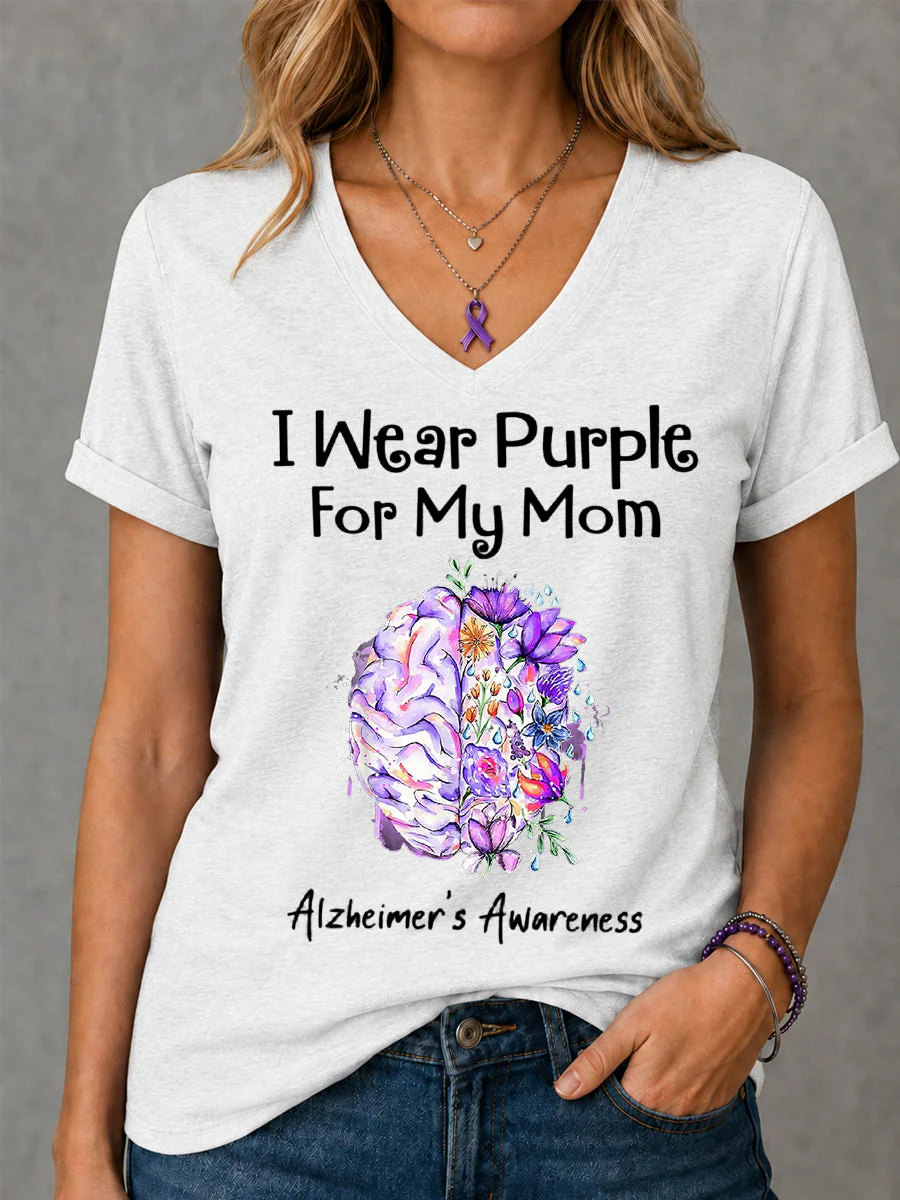 Women's I Wear Purple For My Mom Floral Print Alzheimer's Awareness Support V-Neck Tee - Image 5