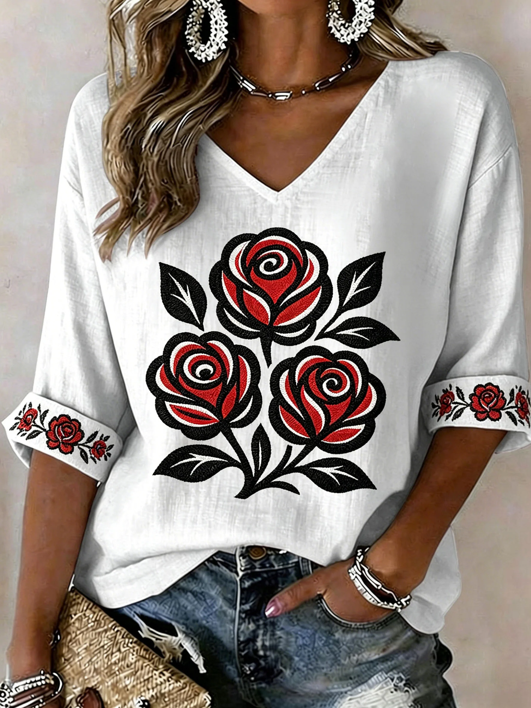Women's Indigenous Floral Print Casual T-shirt - Image 2