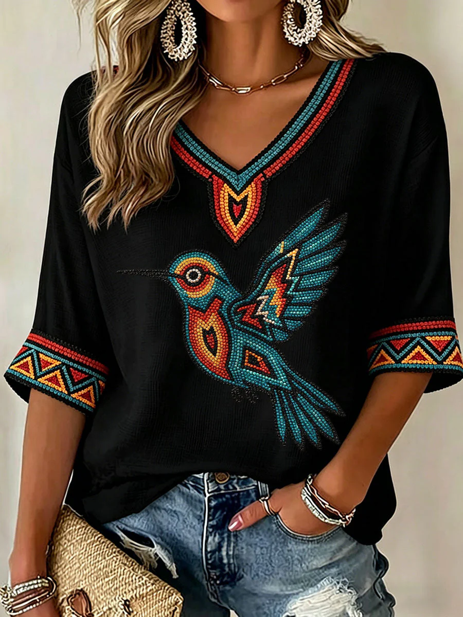 Women's Indigenous Hummingbird Art V-Neck Tops - Image 4