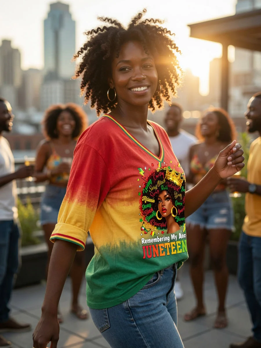 Women's Juneteenth Freedom Gradient V-Neck Casual T-Shirt - Image 2
