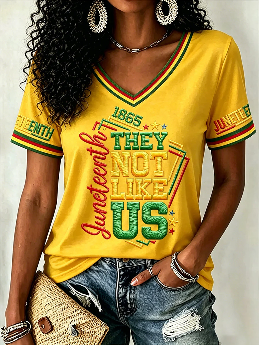 Women's Juneteenth They Not Like Us Since 1865 Print Casual V-Neck Tee - Image 4