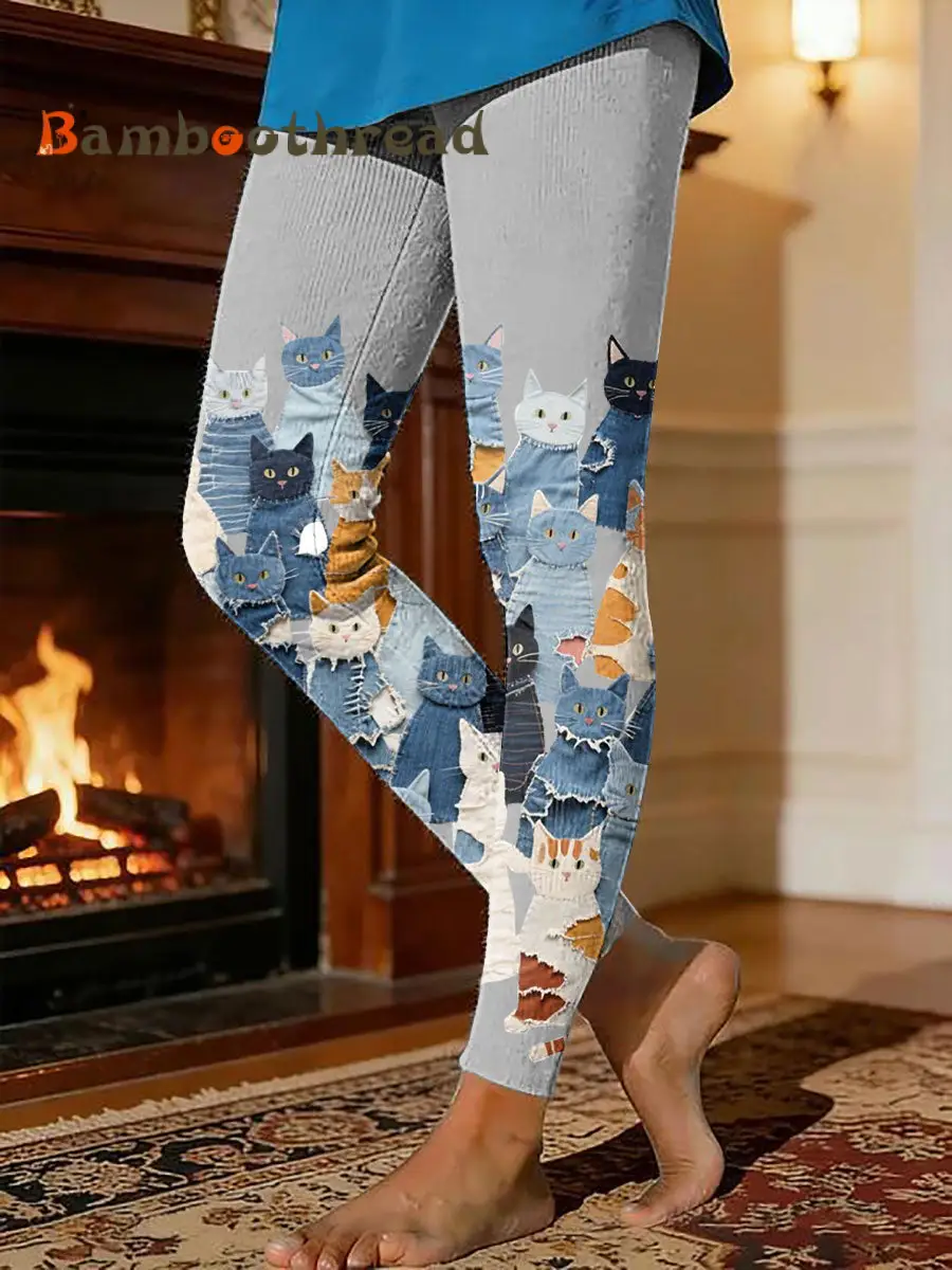 Women's kitten print thermal fleece leggings - Image 3