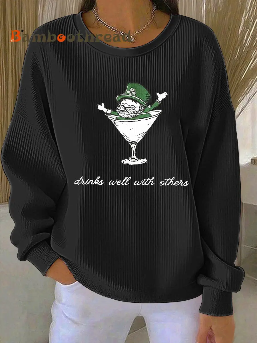 Women's Leprechaun Martini Cocktail St Patrick's Day Ribbed Round-Neck Sweatshirt - Image 2