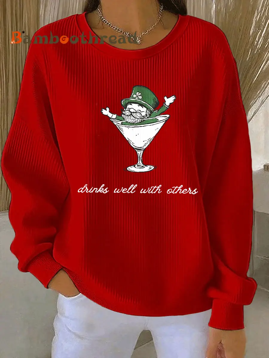Women's Leprechaun Martini Cocktail St Patrick's Day Ribbed Round-Neck Sweatshirt - Image 3