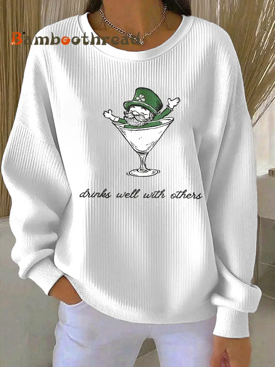Women's Leprechaun Martini Cocktail St Patrick's Day Ribbed Round-Neck Sweatshirt - Image 4