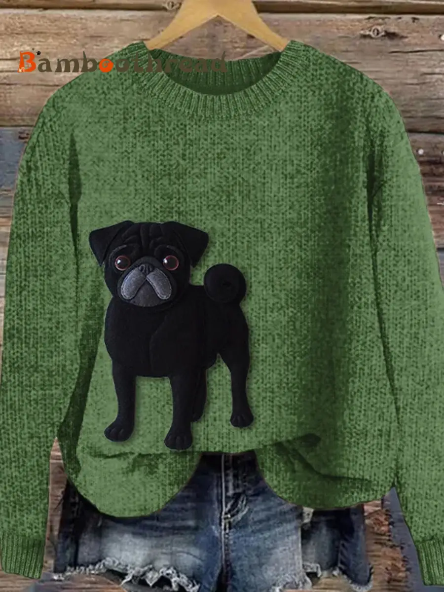 Women's Lively Pug Dog Felt Art Cozy Knit Sweater