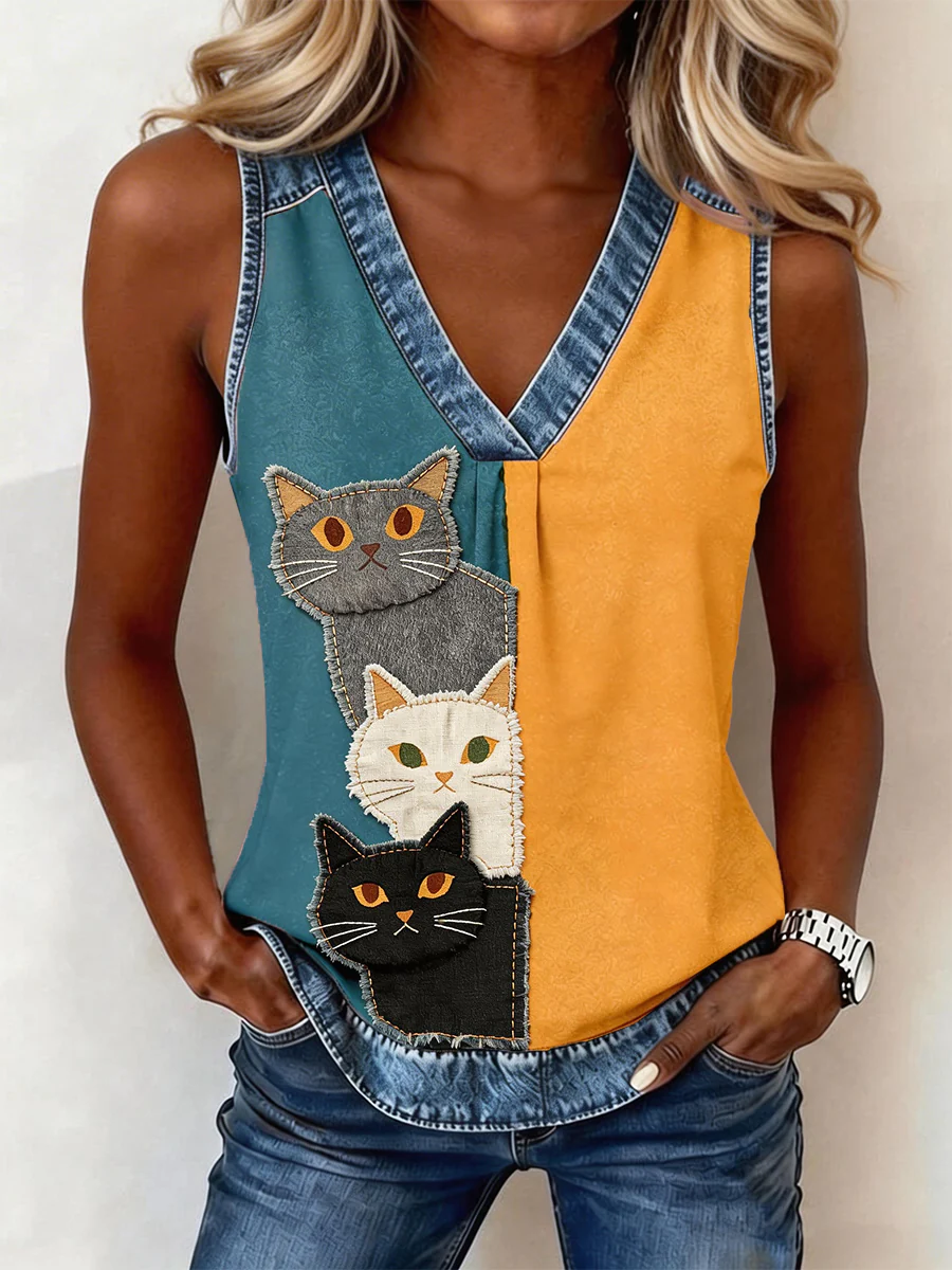 Women's Lovely Cat Pattern Denim Patchwork Top