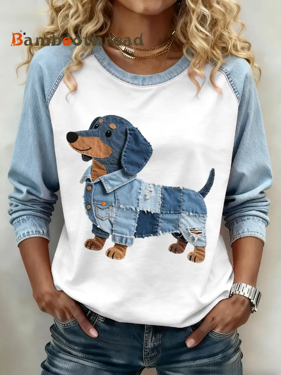 Women's Lovely Dachshund Dog Pattern Denim Patchwork Sweatshirt