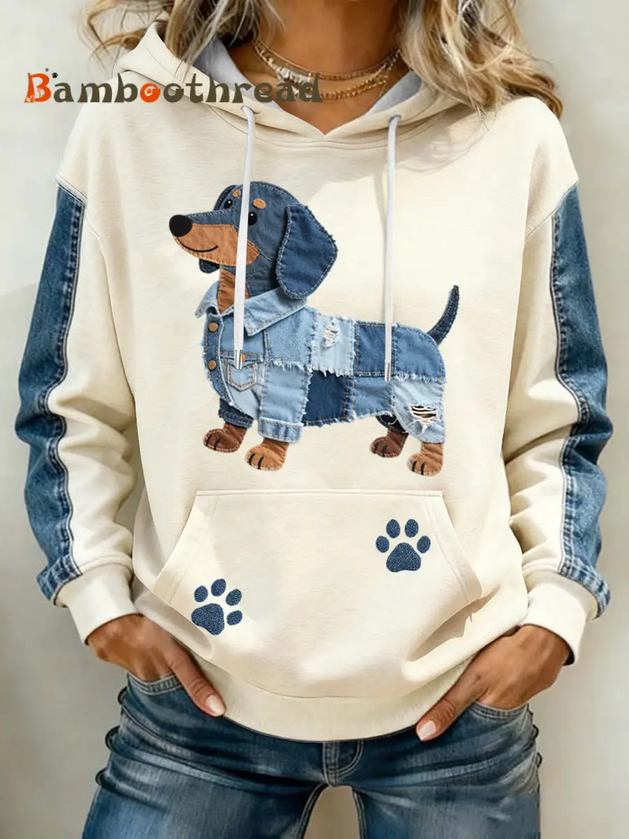 Women's Lovely Dachshund Pattern Denim Patchwork Art Hoodie - Image 2