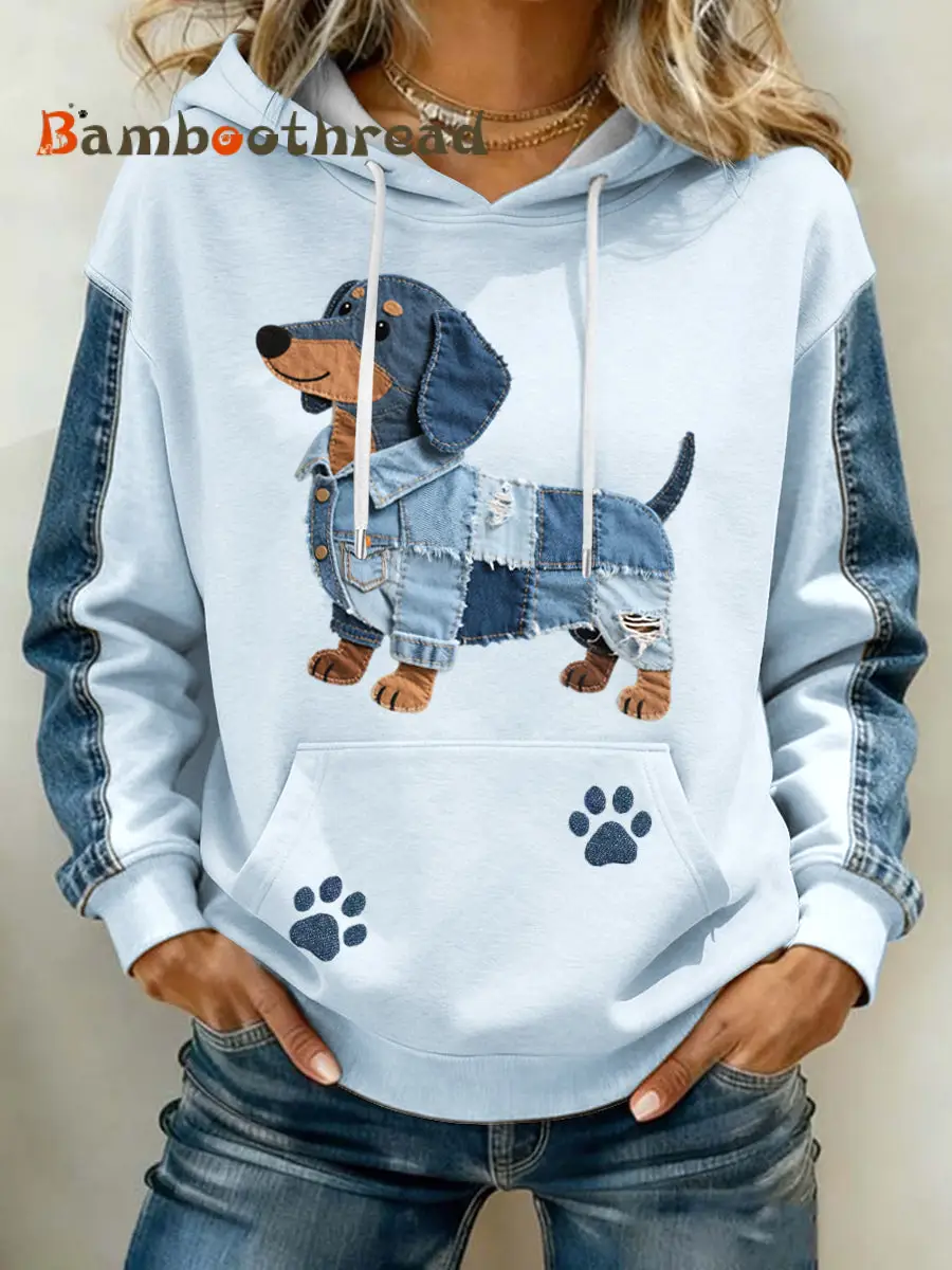 Women's Lovely Dachshund Pattern Denim Patchwork Art Hoodie - Image 3