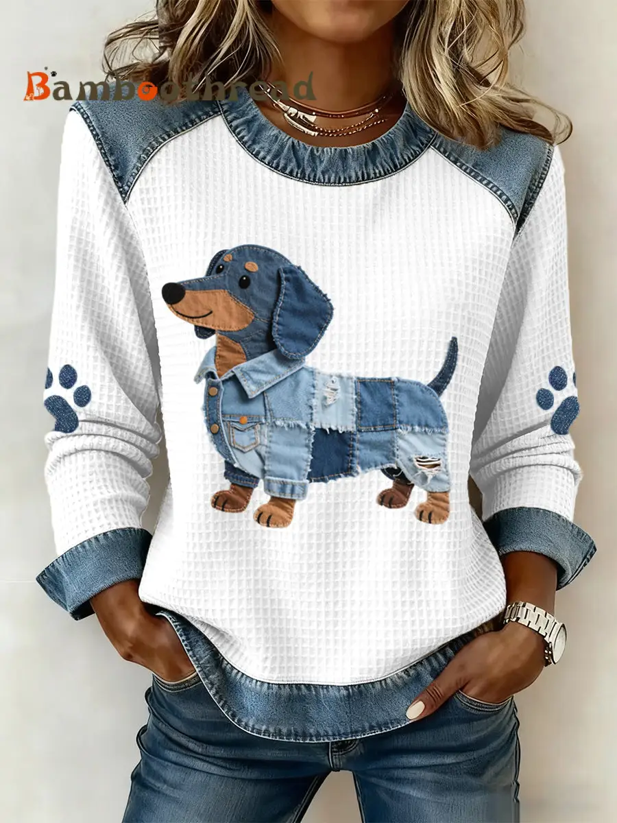 Women's Lovely Dachshund Pattern Denim Patchwork Art Sweatshirt - Image 2