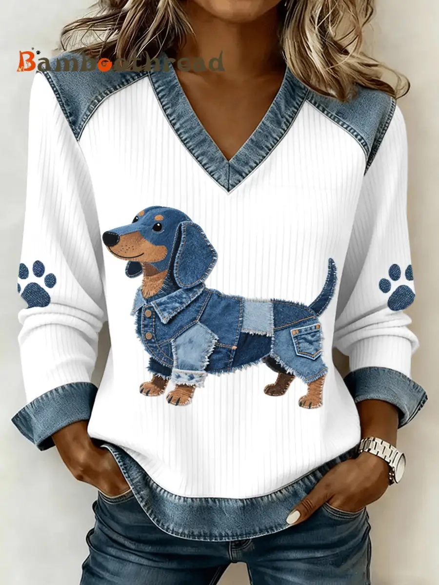 Women's Lovely Dachshund Pattern Denim Patchwork V-Neck Top