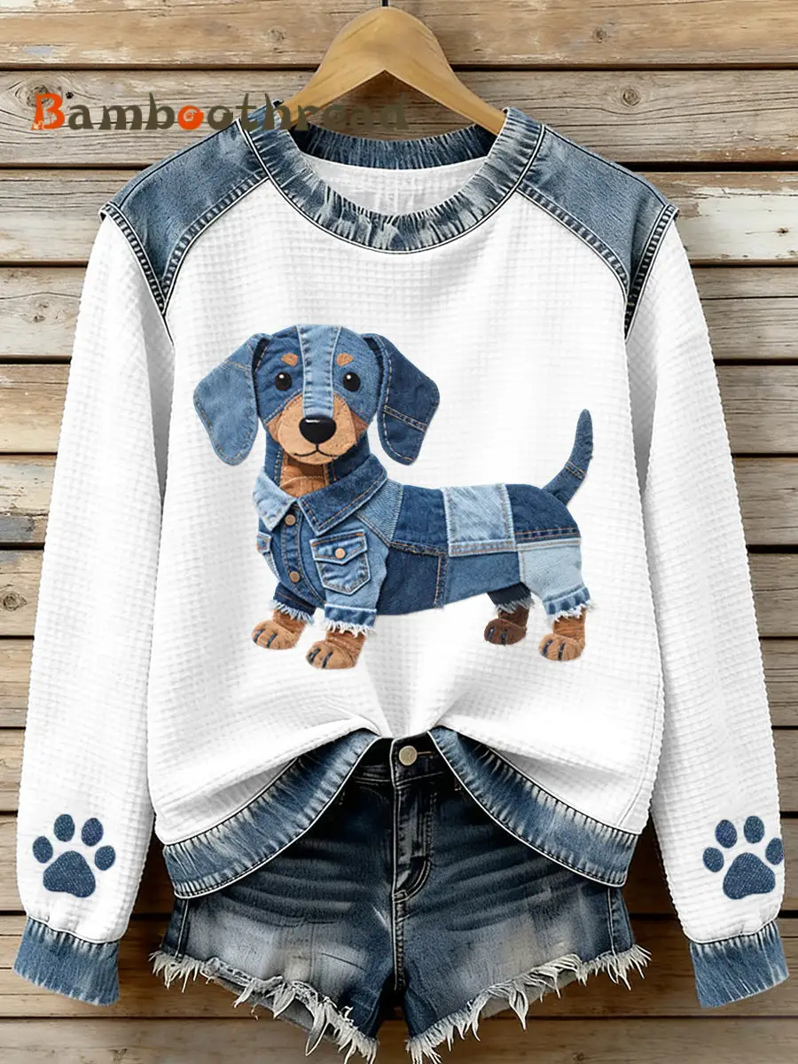 Women's Lovely Dachshund Pattern Denim Patchwork Waffle Sweatshirt