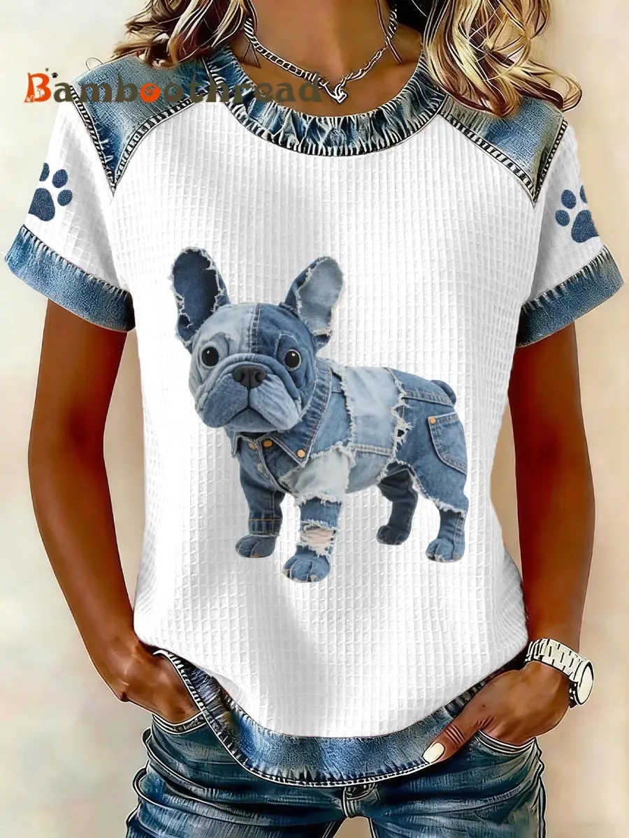 Women's Lovely French Bulldog Pattern Denim Patchwork Top
