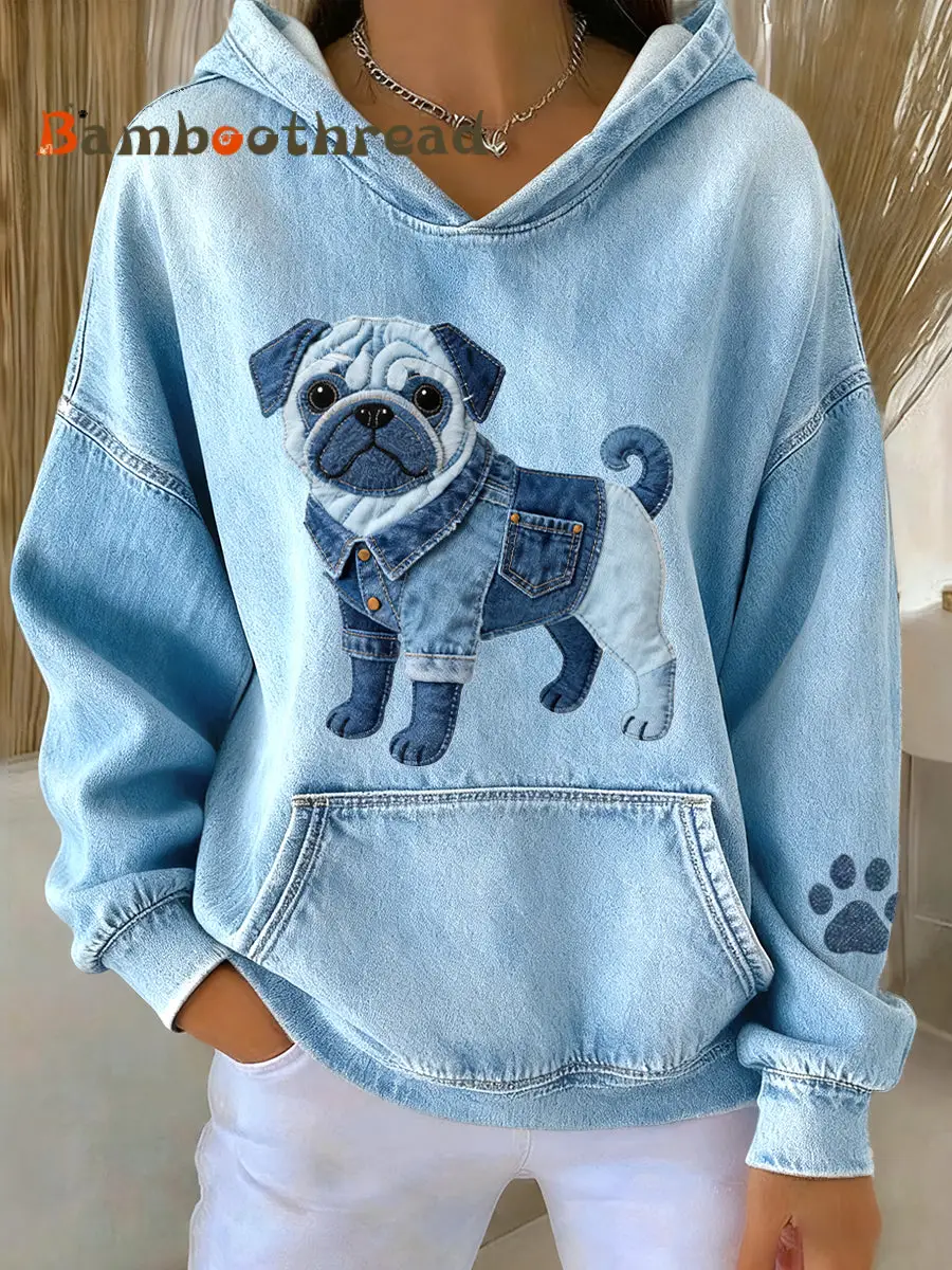 Women's Lovely Pug Dog Denim Patchwork Pattern Hoodie