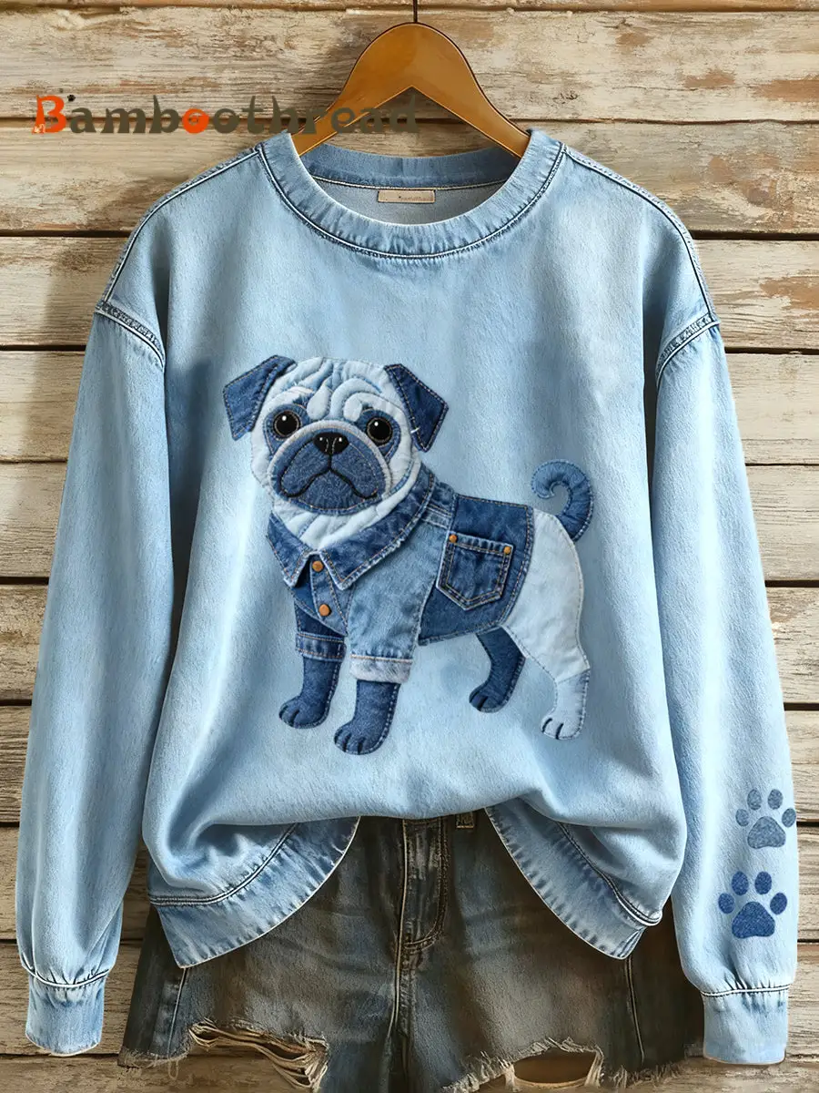 Women's Lovely Pug Dog Denim Patchwork Pattern Sweatshirt
