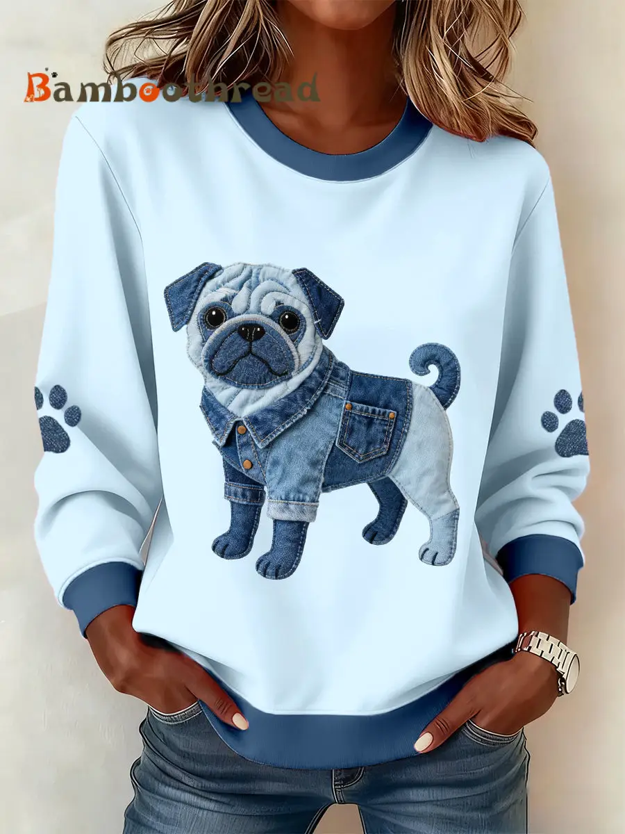Women's Lovely Pug Dog Denim Patchwork Pattern Sweatshirt