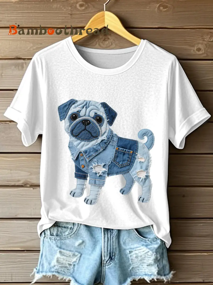 Women's Lovely Pug Dog Denim Patchwork Pattern T-Shirt