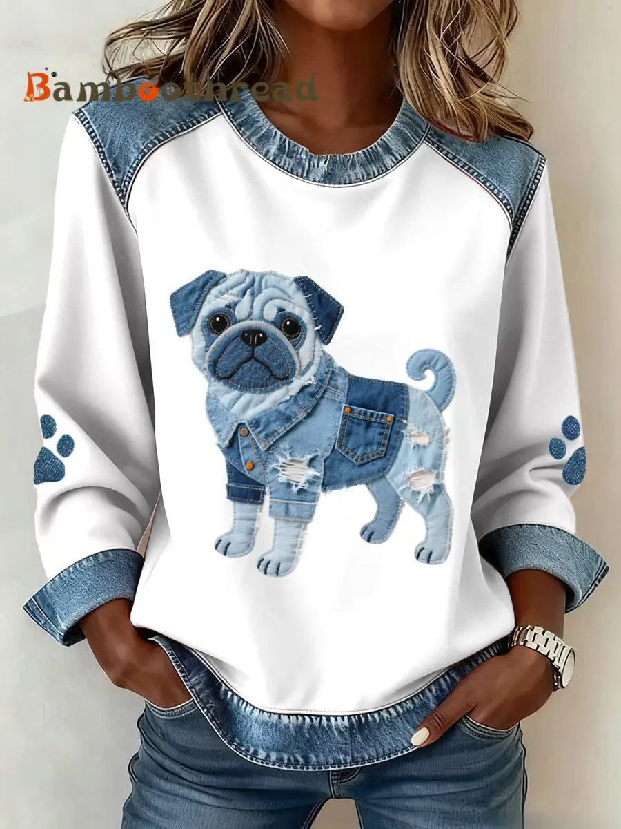 Women's Lovely Pug Dog Pattern Denim Patchwork Art Sweatshirt