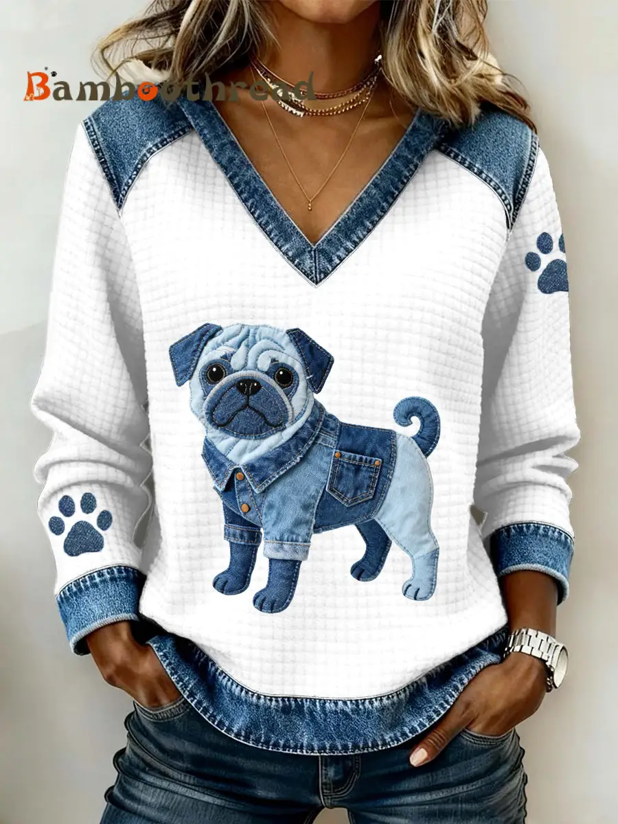 Women's Lovely Pug Dog Pattern Denim Patchwork V-Neck Top