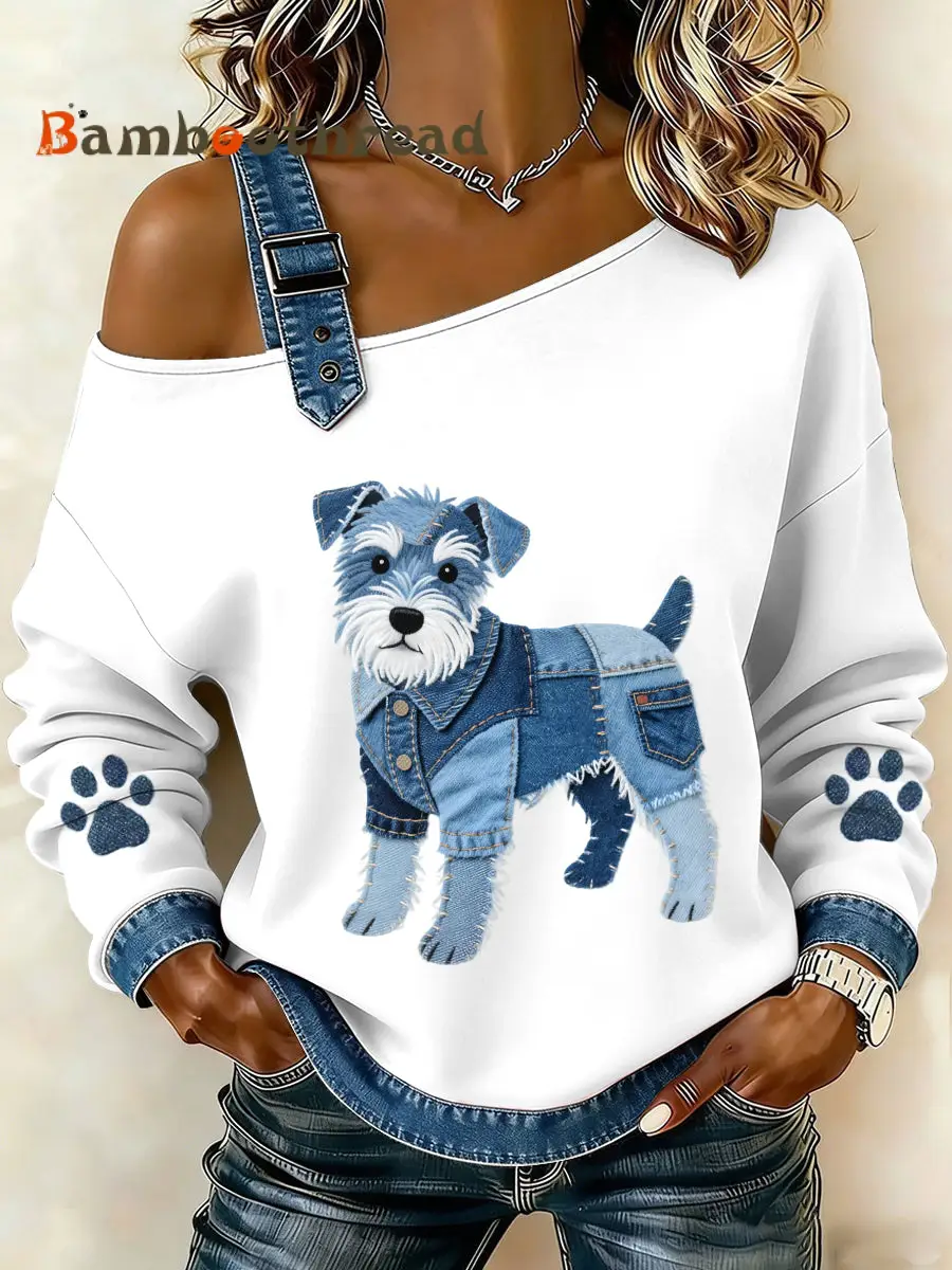 Women's Lovely Schnauzer Dog Pattern Denim Patchwork Top