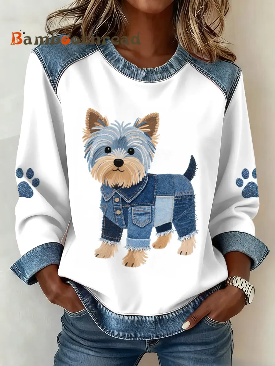 Women's Lovely Yorkshire Terrier Dog Pattern Denim Patchwork Sweatshirt