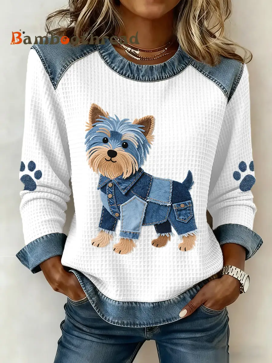 Women's Lovely Yorkshire Terrier Pattern Denim Patchwork Waffle Sweatshirt
