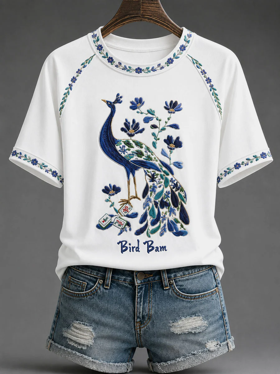 Women's Mahjong Print Casual T-Shirt - Image 3