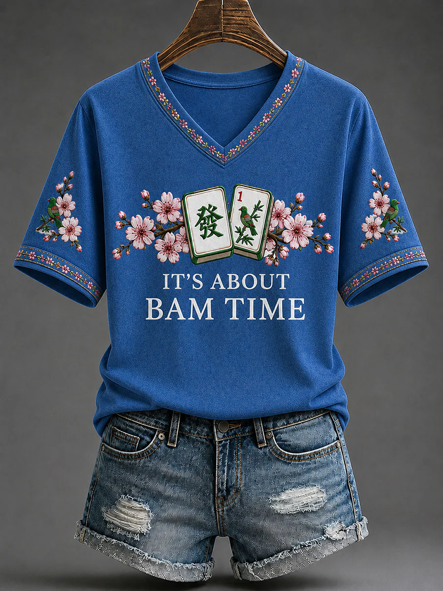 Women's Mahjong Print Casual T-Shirt - Image 3