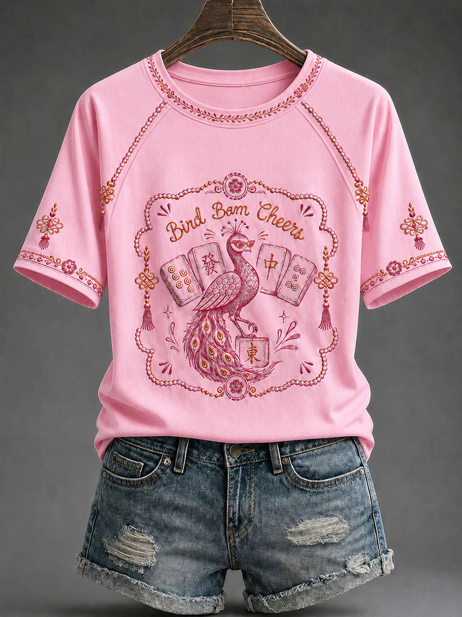 Women's Mahjong Print Casual T-Shirt - Image 3