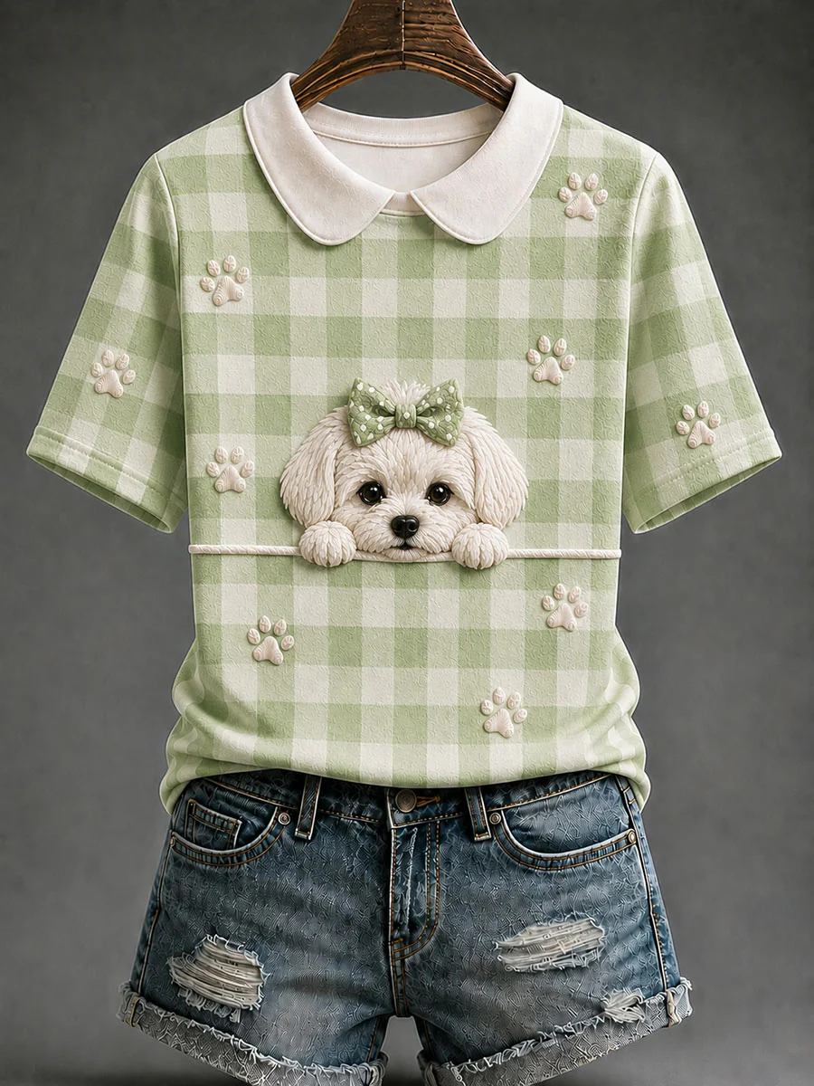 Women's Maltese Dog Plaid Print Casual T-Shirt