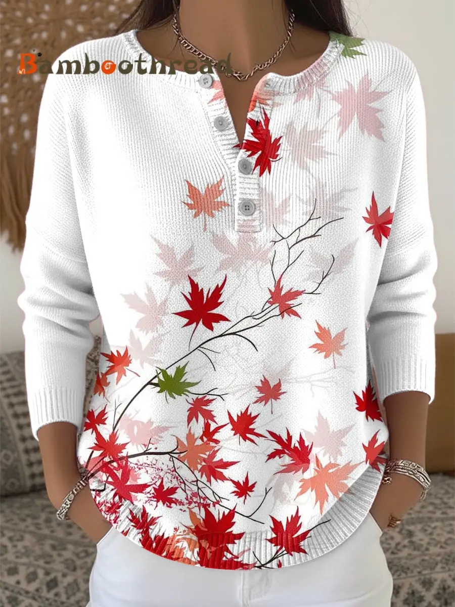 Women's Maple Leaf Thanksgiving White Henley neck sweater