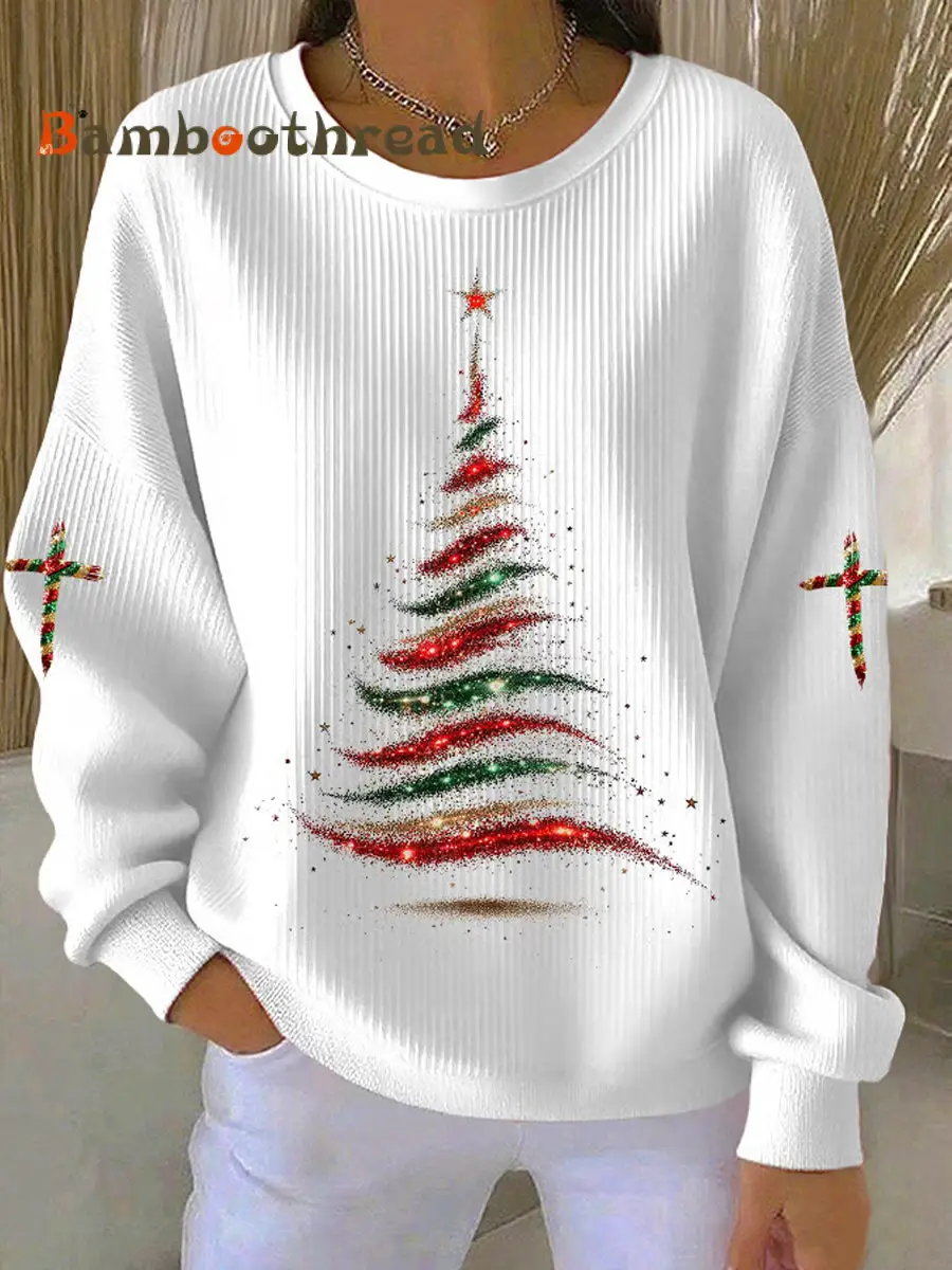 Women's Merry Christmas Christmas Tree Cross Ribbed Round-Neck Sweatshirt