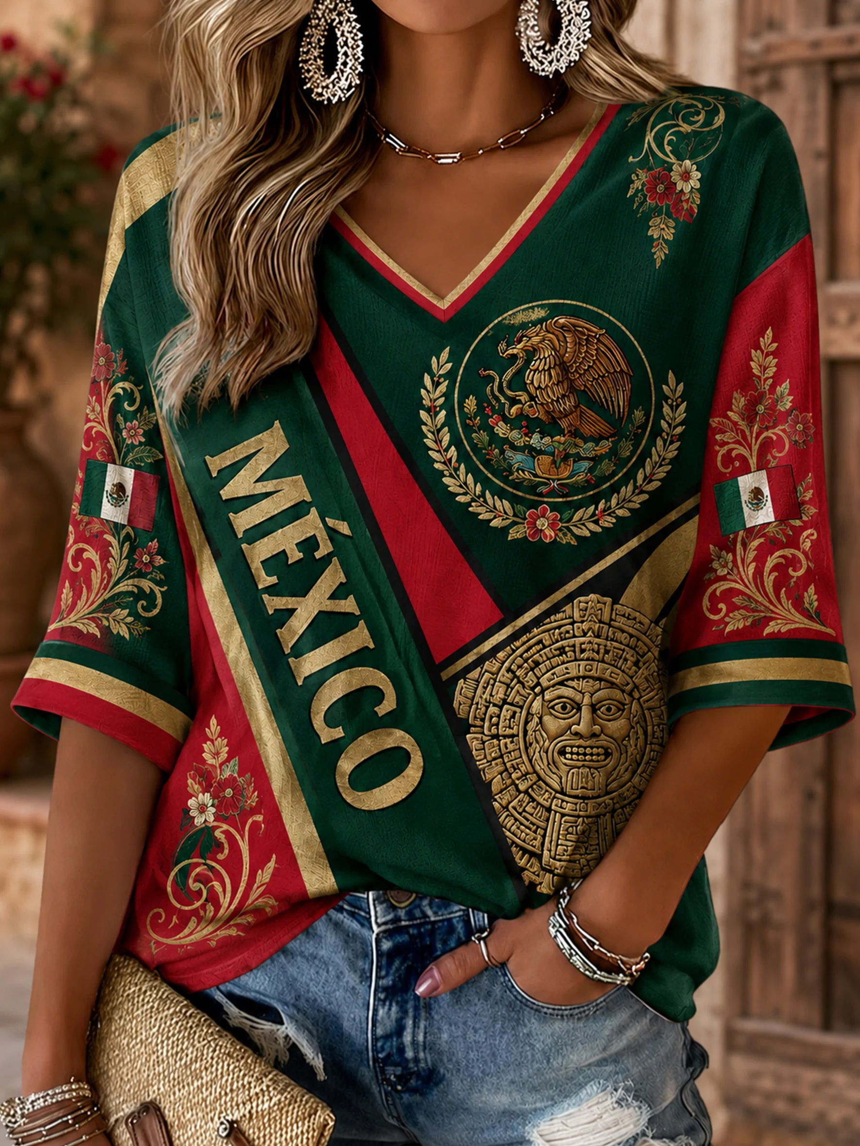 Women's Mexican Football Aztec Totem Element Art Print V-Neck Top