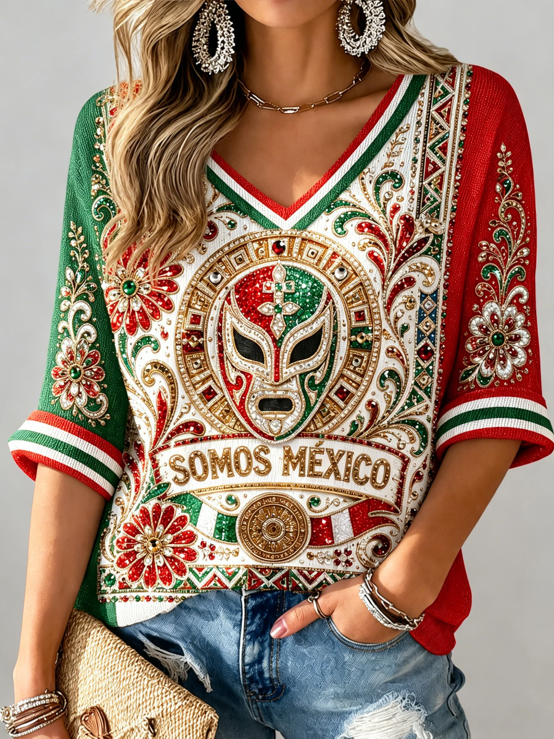 Women's Mexican Football Match Cheering Art Print V-Neck Top