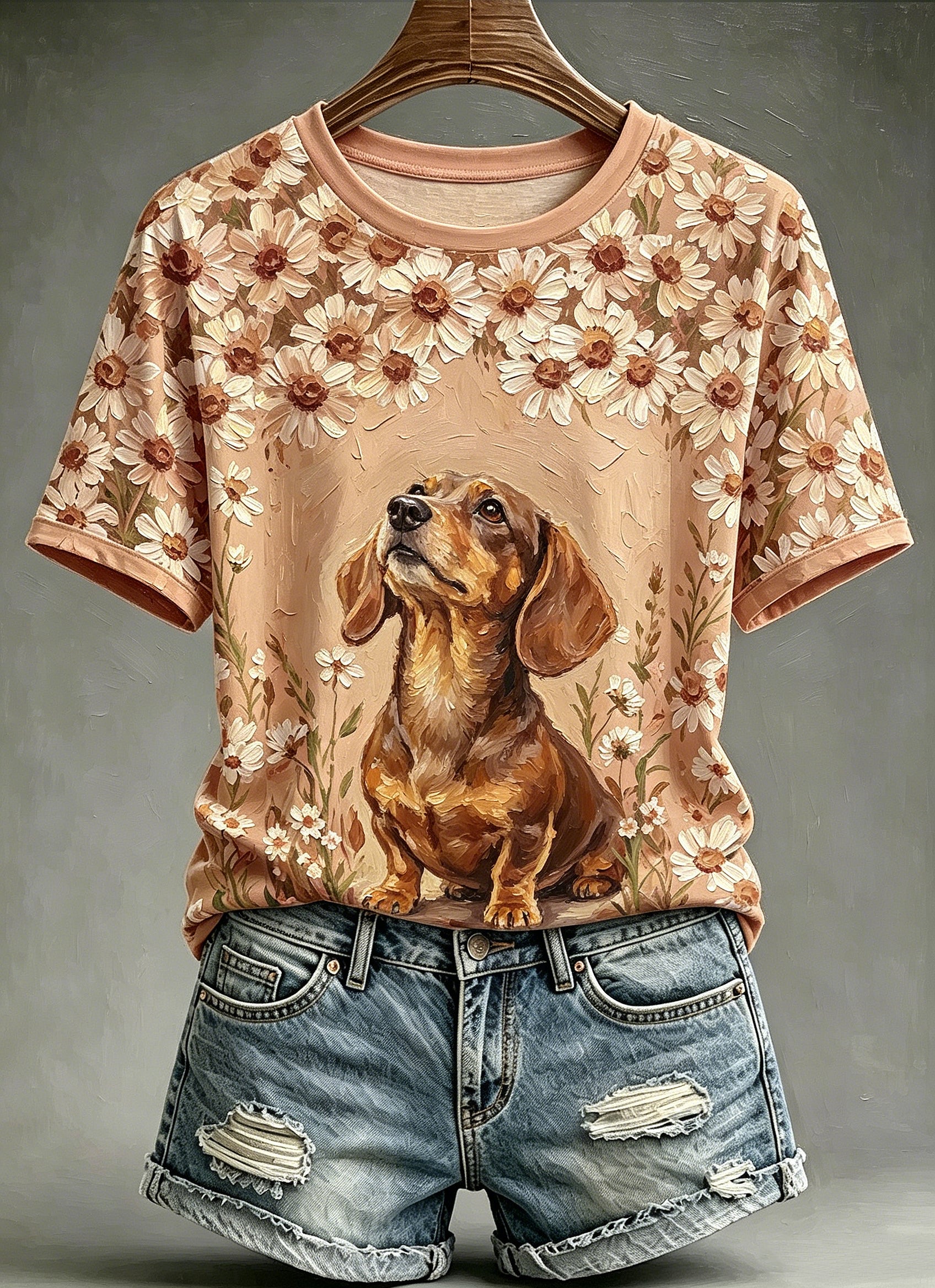 Women's Oil Painting Animal Dog Printed Vintage Fashion Loose Short Sleeve T-Shirt