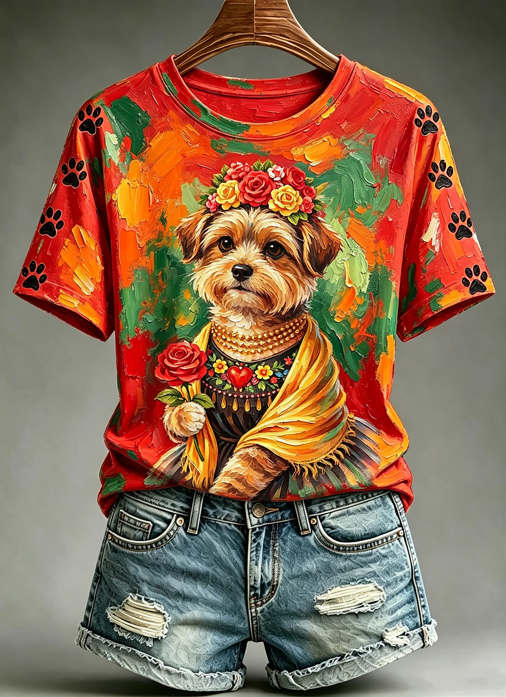 Women's Oil Painting Animals Dog Printed Vintage Fashion Loose Short Sleeve T-Shirt