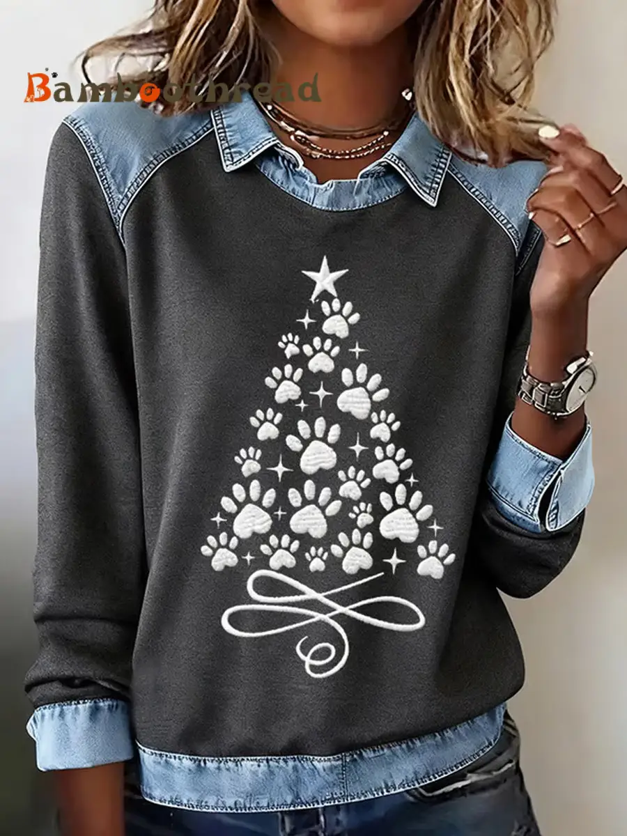 Women's Paws Christmas Tree Print Casual Sweatshirt - Image 2