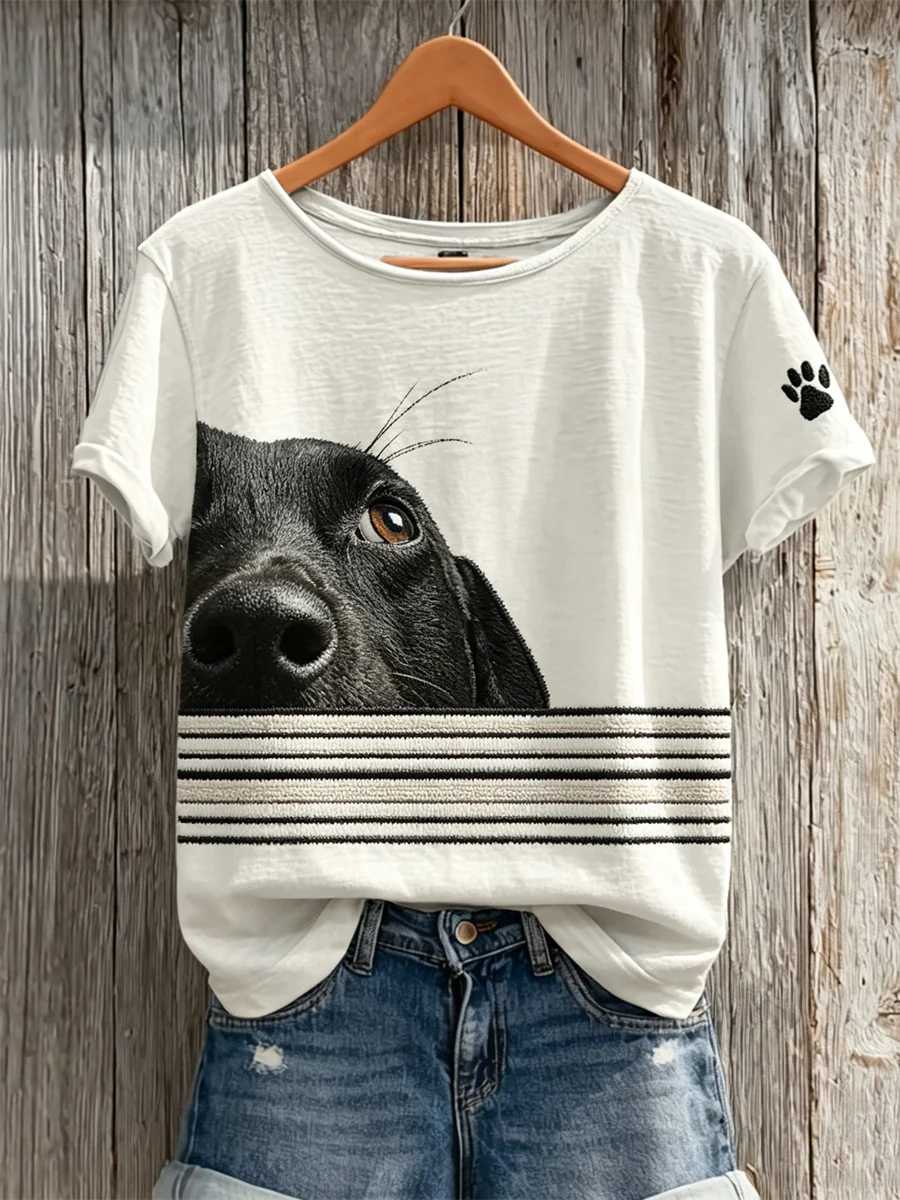Women's Peeking Dog & Paw Print Striped Print short-sleeved T-shirt