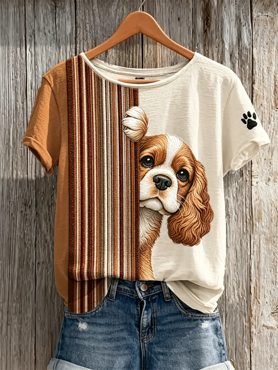 Women's Peeking King Charles Spaniel Dog & Paw Print Colorblock Print short-sleeved T-shirt - Image 10