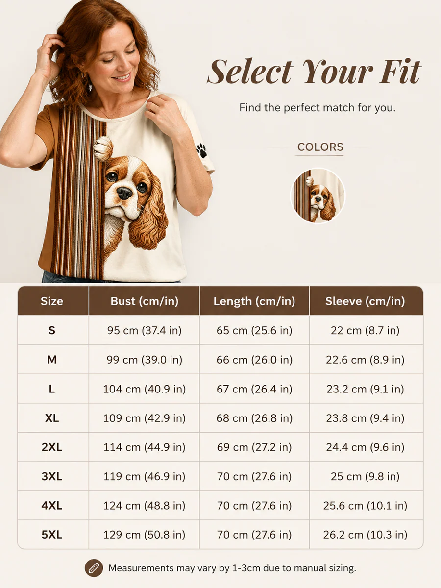 Women's Peeking King Charles Spaniel Dog & Paw Print Colorblock Print short-sleeved T-shirt - Image 3