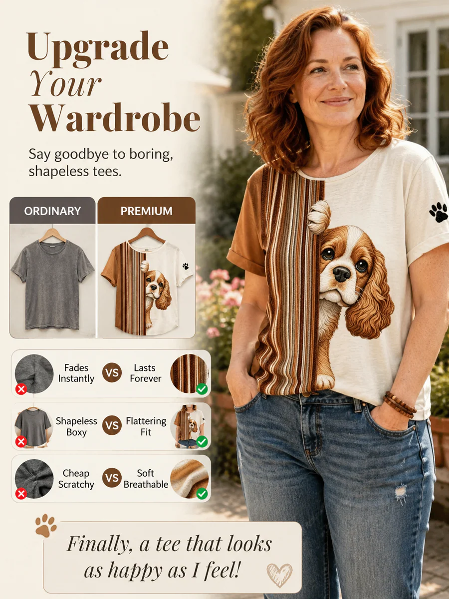 Women's Peeking King Charles Spaniel Dog & Paw Print Colorblock Print short-sleeved T-shirt - Image 4