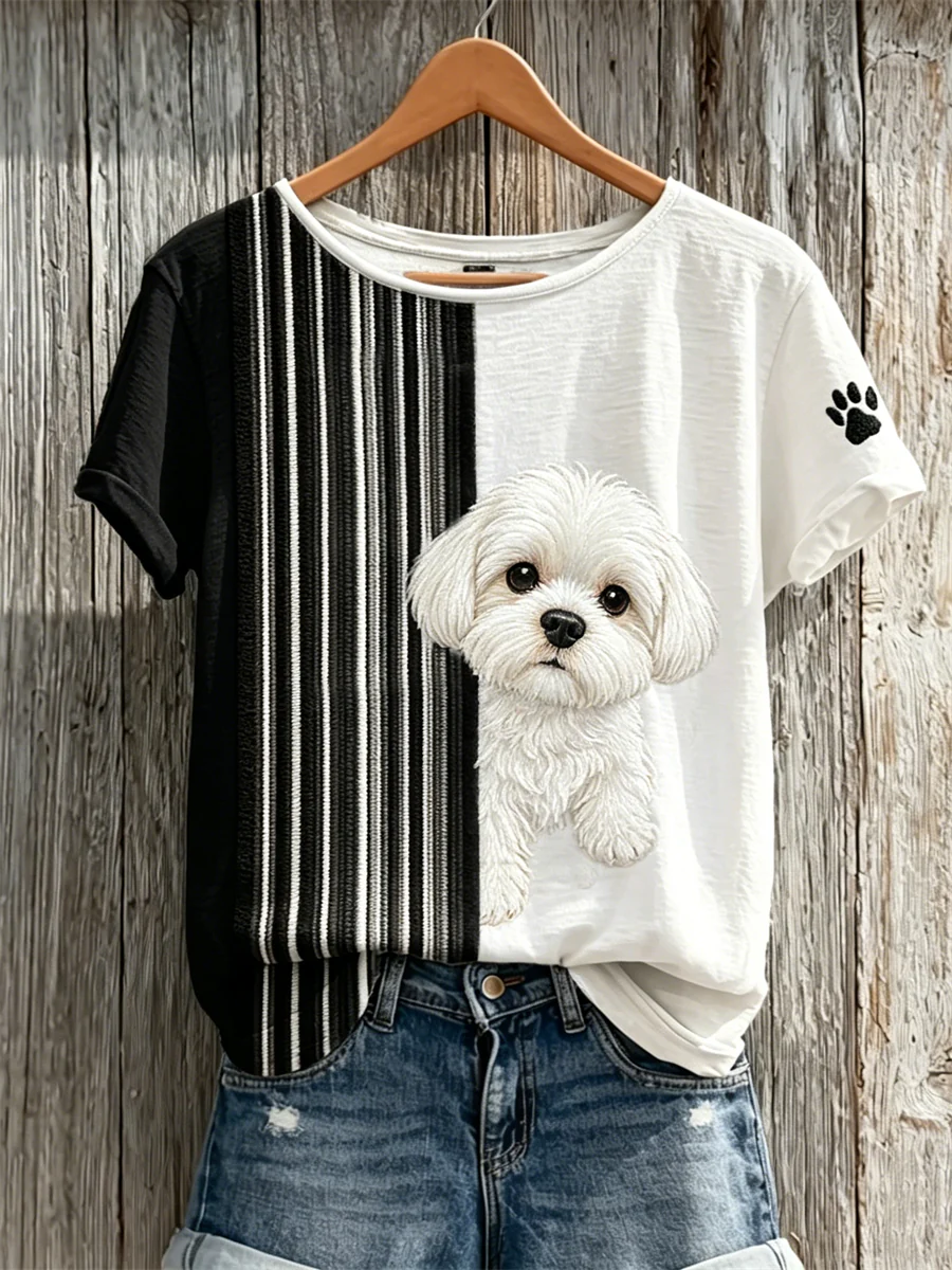 Women's Peeking Maltese Dog & Paw Print Colorblock Print short-sleeved T-shirt
