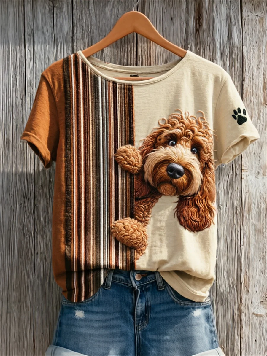 Women's Peeking Poodle Dog & Paw Print Colorblock Print short-sleeved T-shirt