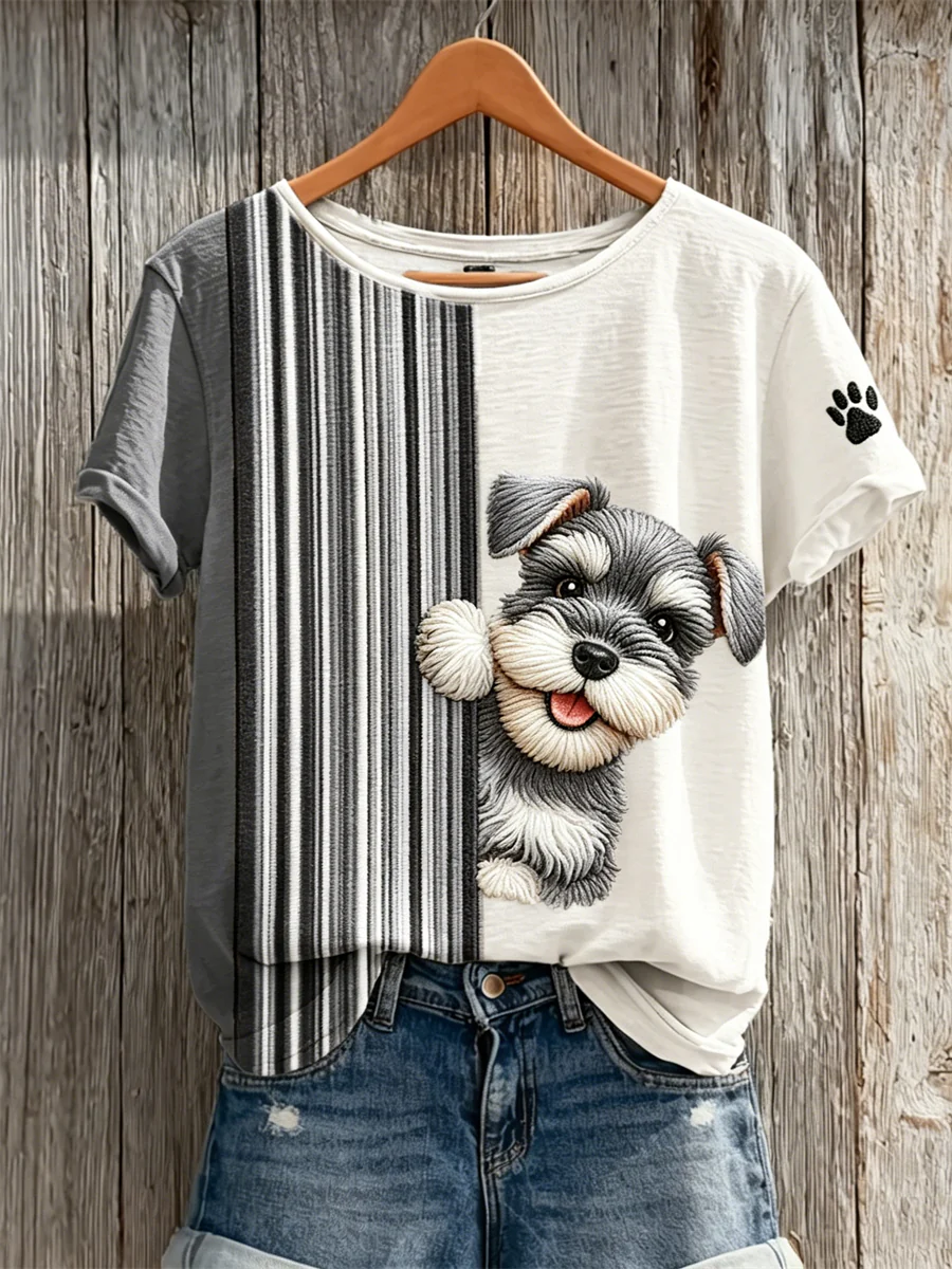 Women's Peeking Schnauzer Dog & Paw Print Colorblock Print short-sleeved T-shirt
