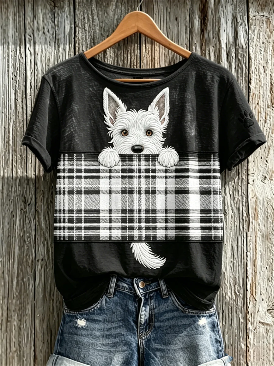 Women's Peeking Scottish Terrier Dog & Scotland Tartan Colorblock Print short-sleeved T-shirt - Image 2