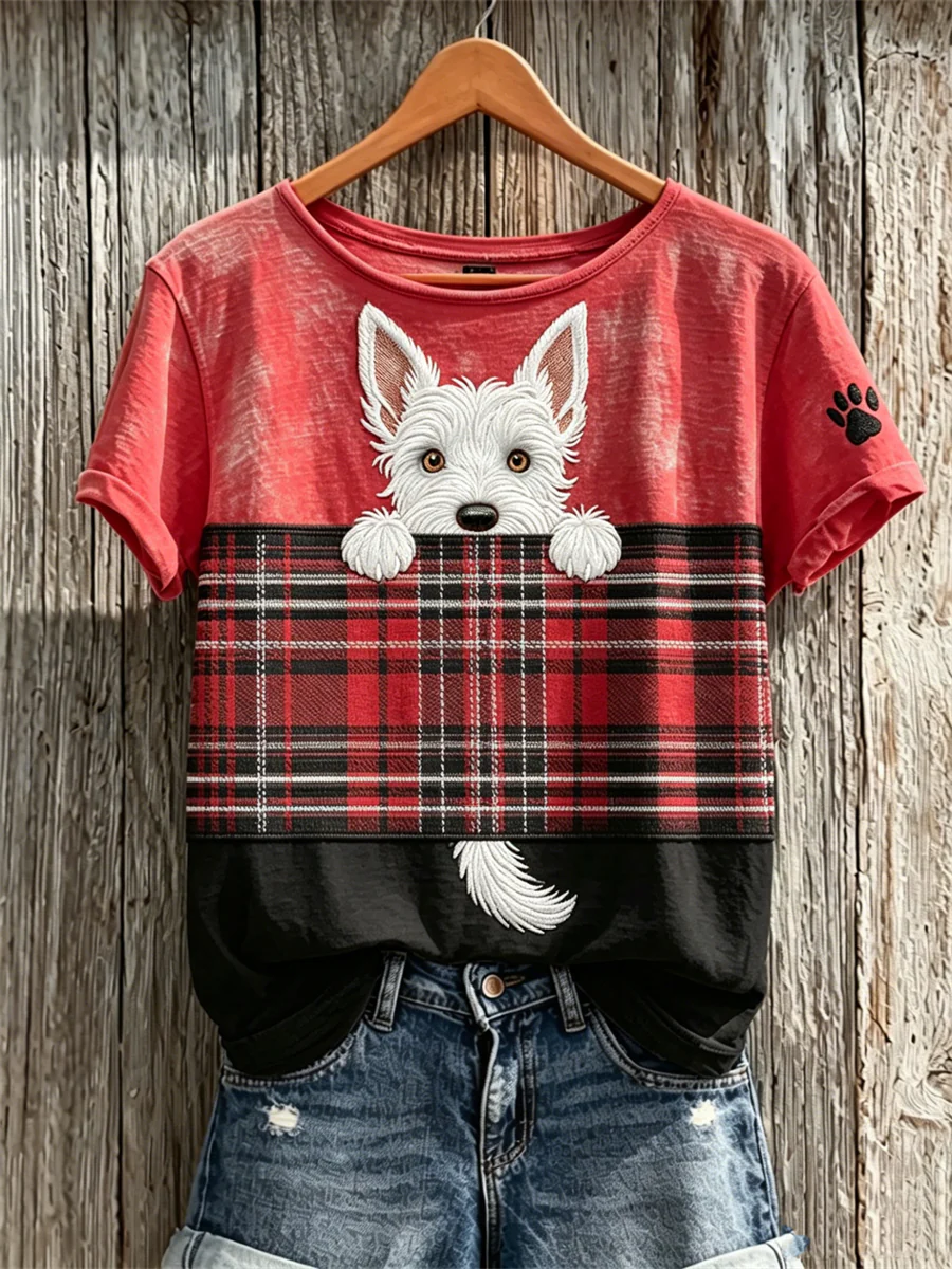 Women's Peeking Scottish Terrier Dog & Scotland Tartan Colorblock Print short-sleeved T-shirt - Image 3