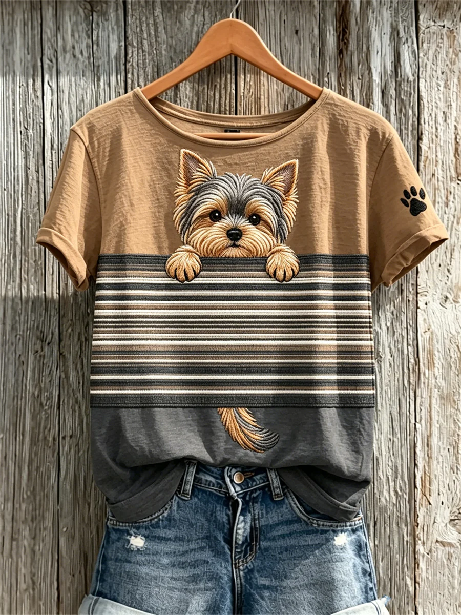 Women's Peeking Yorkshire Dog & Paw Print Colorblock Print short-sleeved T-shirt