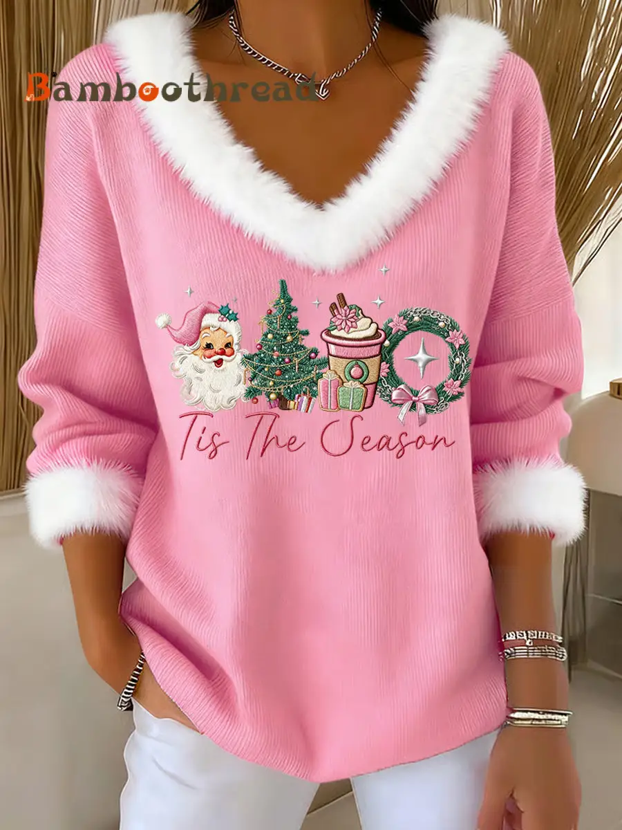 Women's Pink Christmas Sants Claus Print Casual Fur Collar V-Neck Top